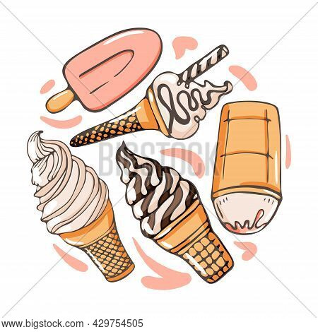 Set Of Ice Cream Icons Vector Doodle Illustration In A Circle. Kids Collection Of Sunblind And Popsi