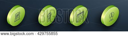 Set Isometric Line Windmill, Hot Air Balloon, Triumphal Arch And Eiffel Tower Icon. Vector