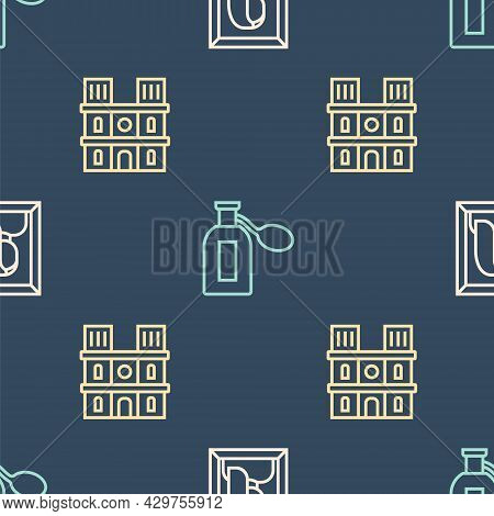 Set Line Portrait Picture In Museum, Notre Dame De Paris And Perfume On Seamless Pattern. Vector