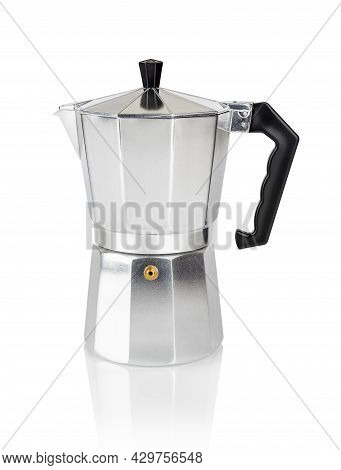 Geyser Coffee Maker Isolated On White Background. Traditional Italian Moka Pot For Brewing A Strong 