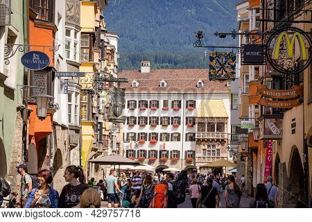 Crowded Old Town District In The City Of Innsbruck - Innsbruck, Austria - July 29, 2021