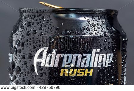 Tyumen, Russia-may 25, 2021: Energy Drink Adrenaline Rush Gold. Brand Adrenaline Rush Is A Company P