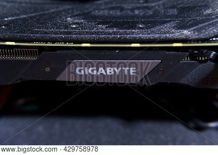 Tyumen, Russia-april 26, 2021: Graphic Video Card Gigabyte Logo. Cryptocurrency Concept.