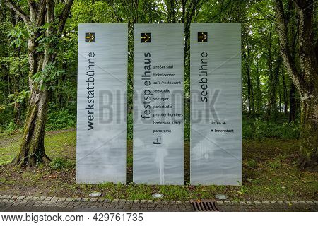 Directional Signs To The Bregenz Performing Arts Festival On Lake Constance - Bregenz, Austria - Jul