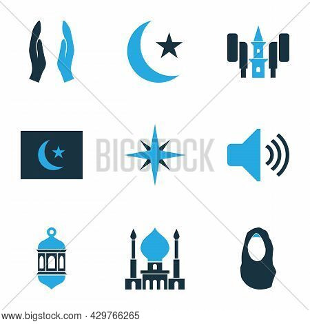 Holiday Icons Colored Set With Qiblah, Headscarf, Mosque And Other Bullhorn Elements. Isolated Vecto