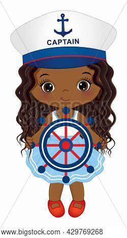 Vector Cute Little African American Girl Wearing Nautical Dress And Captains Cap. Little Black Is Wi