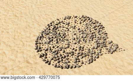 Concept conceptual stones on beach sand handmade symbol shape, golden sandy background, cloud sign. 3d illustration metaphor for communication, online talking, chatting, internet discussion