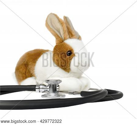 Stethoscope And Plush Toy Bunny. Isolated On A White Background.