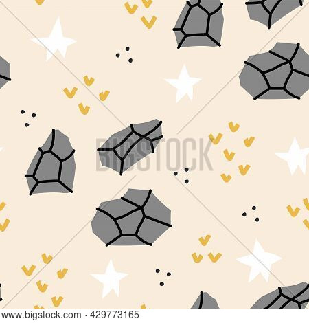 Flat Hand Drawn Seamless Pattern With Charcoal. Doodle Print With Cute Elements, Stars, Dots, Minera