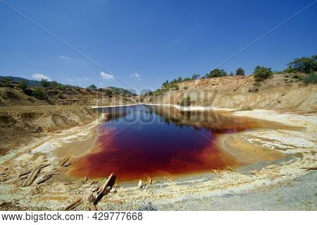 Red Lake In Cyprus Mitsero Sha Mine Landscape With Blue Sky