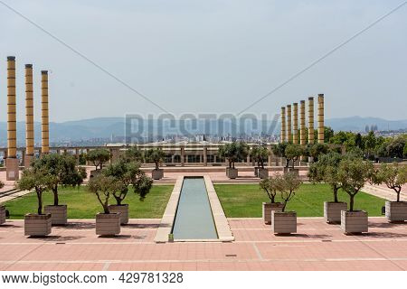 Barcelona, Spain; August 12 2021: Montjuic Olympic Stadium, Built In 1927. Clock Above Empty Tribune