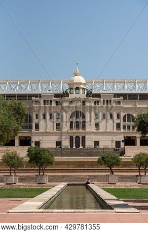 Barcelona, Spain; August 12 2021: Montjuic Olympic Stadium, Built In 1927. Clock Above Empty Tribune