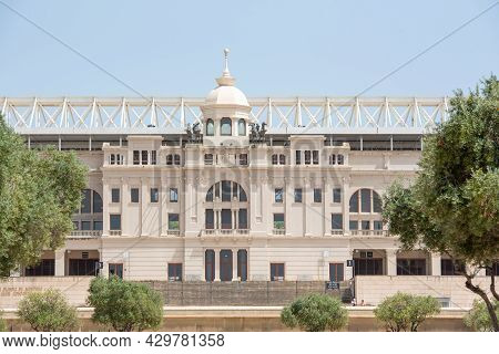 Barcelona, Spain; August 12 2021: Montjuic Olympic Stadium, Built In 1927. Clock Above Empty Tribune