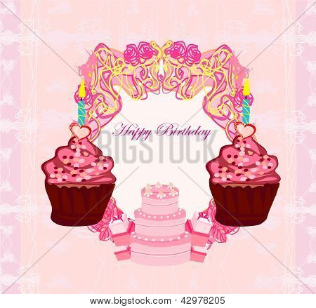 Illustration de mignons Cupcakes Retro Card - carte de joyeux anniversaire