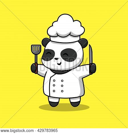 Cute Panda Chef Holding Spatula Cartoon Vector Icon Illustration. Animal Profession Icon Concept Iso