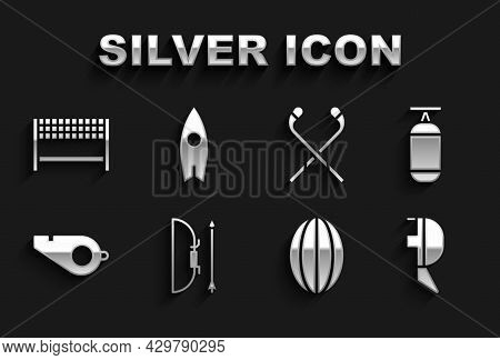 Set Bow And Arrow In Quiver, Punching Bag, Fencing Helmet Mask, Rugby Ball, Whistle, Ice Hockey Stic