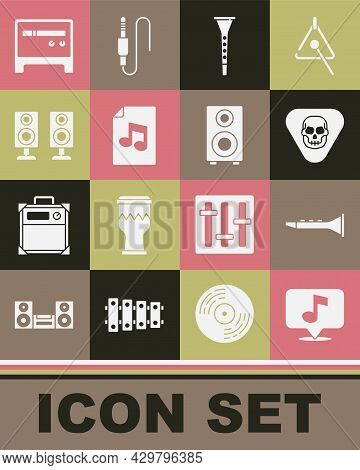 Set Musical Note, Clarinet, Guitar Pick, Book With, Stereo Speaker, Amplifier And Icon. Vector