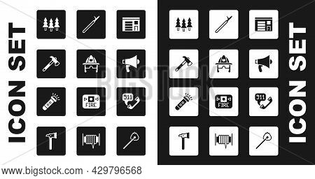 Set Building Of Fire Station, Firefighter Helmet, Axe, Forest, Megaphone, Metal Pike Pole, Telephone