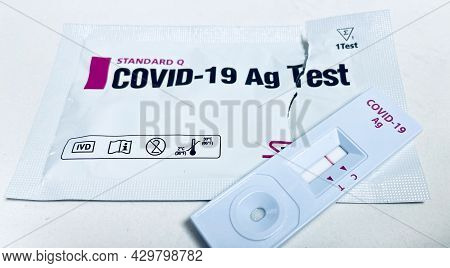 Tel Aviv, Israel, Augost 8, 2021: Coronavirus Sars Testing At Home. Covid-19 Rapid Test Cassette For
