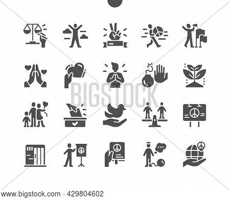 Peace And Human Rights. Equality, Hope, Love, Peace, Dove. No Weapons. Vector Solid Icons. Simple Pi