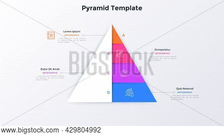 Paper White Pyramid With Four Colorful Layers. Concept Of 4 Stages Of Business Development Strategy.