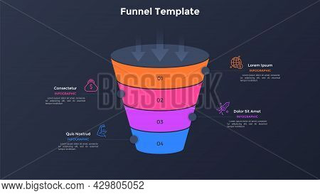 Funnel-shaped Diagram Divided Into 4 Colorful Layers. Concept Of Four-stepped Business Model. Minima