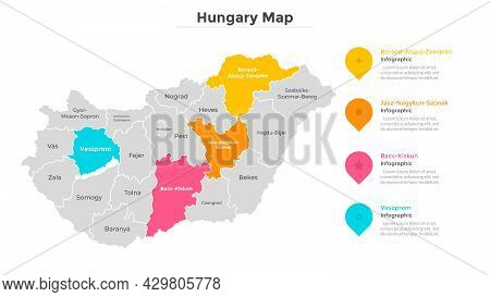 Hungary Map Divided Into Federal States. Territory Of Country With Regional Borders. Hungarian Admin