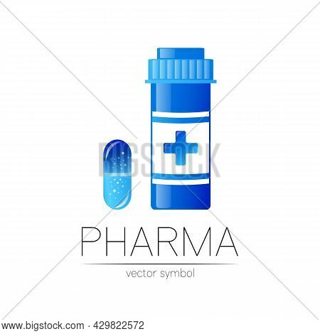 Medicine Jar Vector Logo For Pharmaceutical Ndustry Symbol Medical Bottle In Flat Style Pill Design 