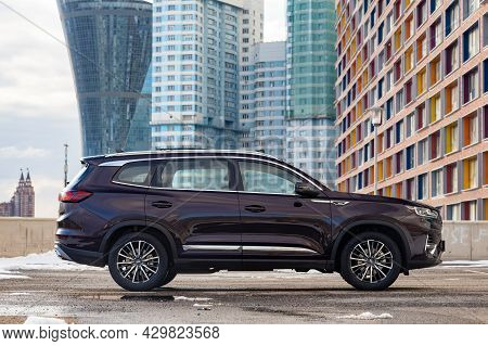 Moscow, Russia - March 18, 2021: New Flagship Seven-seater Minivan Chery Tiggo 8 Pro. Chinese Car In