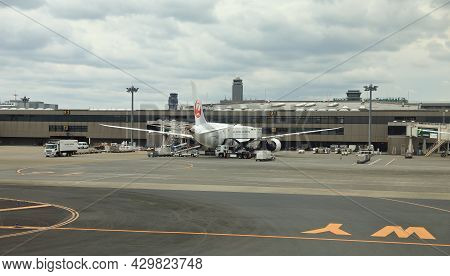 Narita, Japan - May, 2018 : Narita International Airport View, Airplane Parking At Passenger Gate.