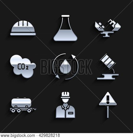 Set Oil Drop, Oilman, Exclamation Mark In Triangle, Barrel Oil Leak, Railway Cistern, Co2 Emissions 
