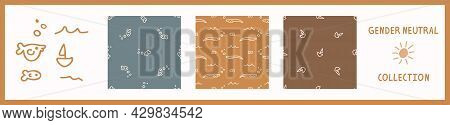 Seemless Background Nautical Sea Life Set Of 3 Patterns With Motif. Whimsical Minimal Earthy 2 Tone 
