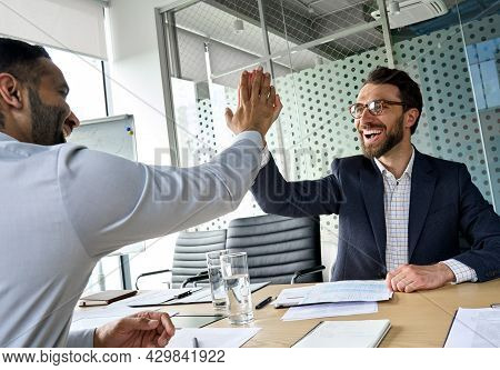 Two Happy Multiethnic Professional Businessmen Executive Ceo Leaders Partners Giving Highfive After 