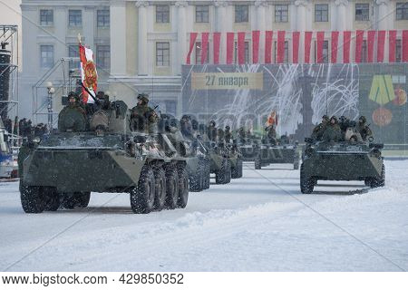 Saint Petersburg, Russia - January 24, 2019: A Convoy Of Armored Personnel Carriers Btr-82 At The Re