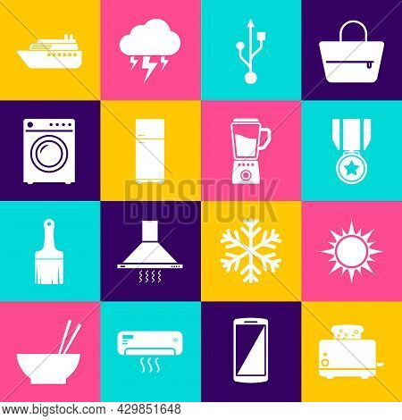 Set Toaster With Toasts, Sun, Medal Star, Usb, Refrigerator And Washer Icon. Vector
