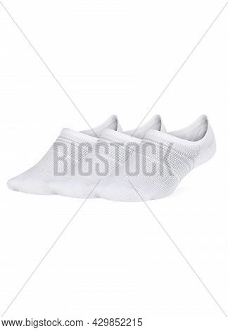 White Color Short Mini Socks Mockup For Design Isolated On White Background. Set Of Short Socks For 