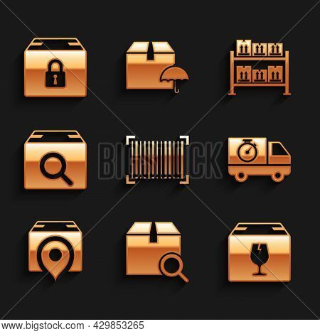 Set Barcode, Search Package, Delivery Box With Fragile Content, Truck And Stopwatch, Location Cardbo