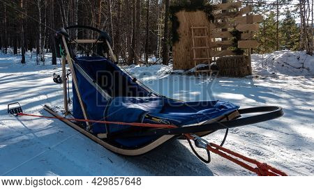 A Blue Sleigh With Wooden Runners For Dog Sledding Is Standing On A Snow-covered Road. The Anchor Is