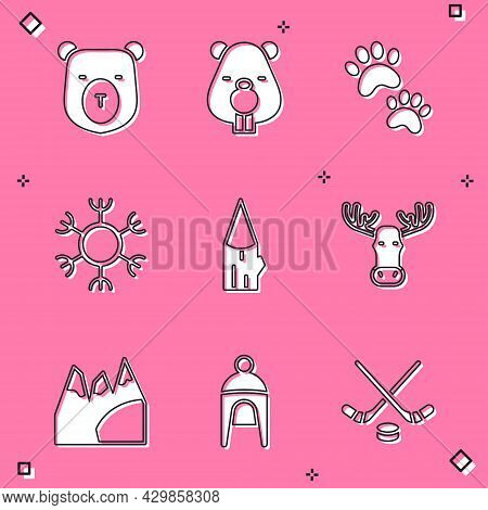 Set Bear Head, Beaver Animal, Paw Print, Snowflake, Wooden Log, Moose With Horns, Mountains And Wint