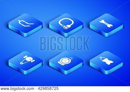 Set Sport Bottle With Water, Bicycle Fork, Bell, Chain Gear, Lock And Wrench Spanner Icon. Vector