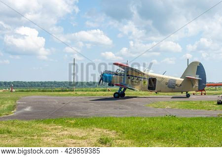 Gorodok.ukraine. June 6, 2021. Tsuniv Airfield. Tsuniv Airfield. Biplane Taxiing To The Runway. Spor