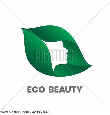 Eco Beauty. Hair Salon Or Beauty Salon Logo Design Template. Woman Silhouette On Green Leaf. Stock V