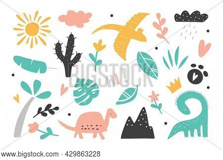 Childish Hand Drawn Set With Cute Dino On A White Background. Dinosaur Animals Collection Vector Car