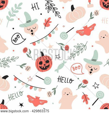 Happy Halloween Childish Seamless Pattern With Cute Shost And Flowers On A White Background. Ideal F
