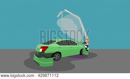 Damage Car Crash Pole Light Accident Cannot Drive. The Front And Back Is Severely Damaged With Smoke