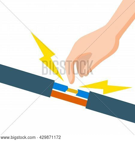 Electric Shock And Short Circuit. Hand Touches Bare Wire. High Voltage. Dangerous Situation. Damaged