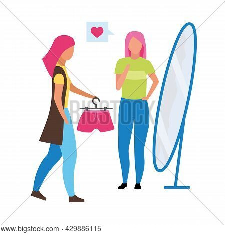 Seller Suggests Shorts At Clothing Store Semi Flat Color Vector Characters. Full Body People On Whit