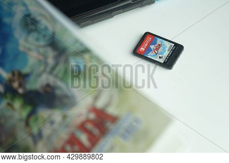 Samut Prakan, Thailand - August 15, 2021 : The New Game Cartridge Of The Nintendo Switch Video Game 