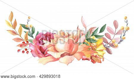 Watercolour Arrangement Of Roses And Leaves. Autumn Composition Withy Yellow, Pink Rose3
