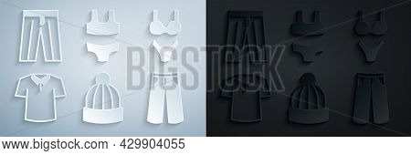 Set Winter Hat, Swimsuit, Shirt, Pants, And Icon. Vector
